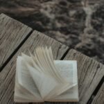 Open book on a wooden pier by a scenic lakeside in Queenstown, New Zealand.