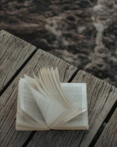 Open book on a wooden pier by a scenic lakeside in Queenstown, New Zealand.