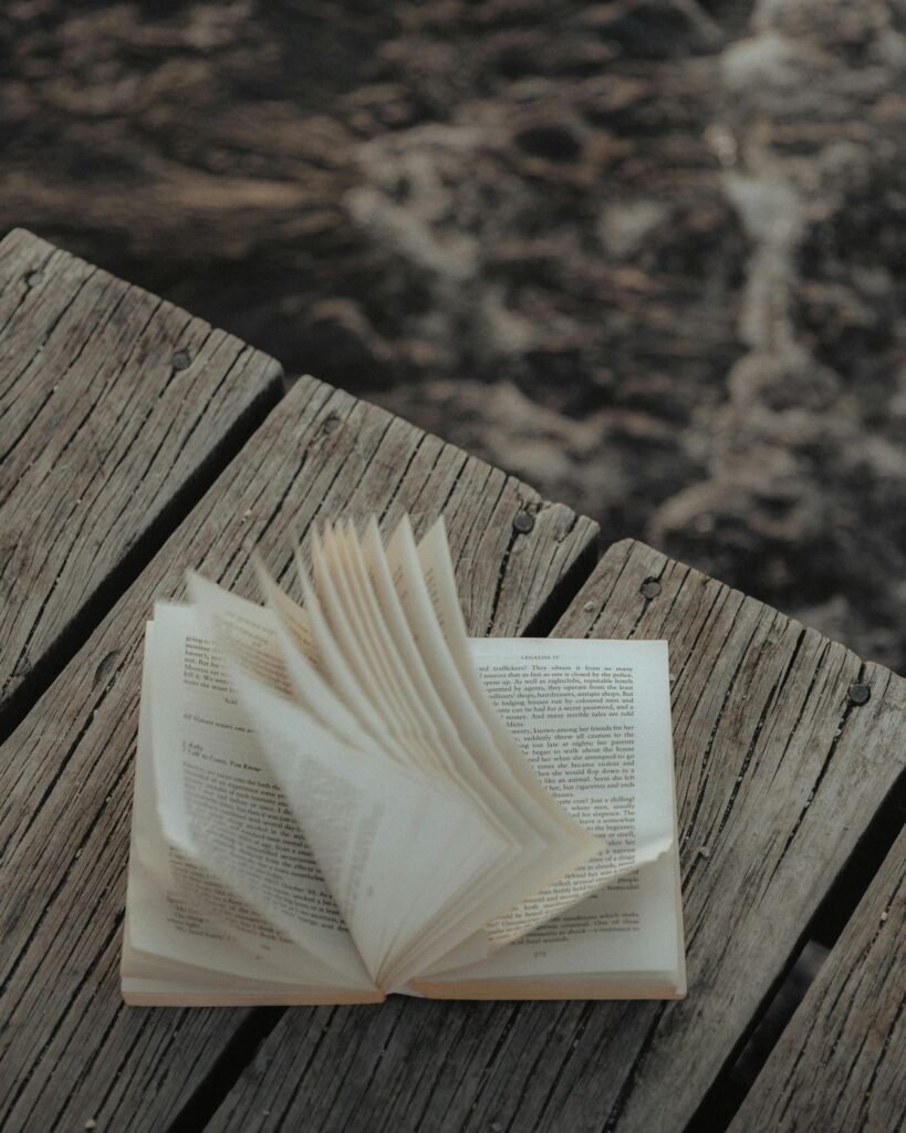Open book on a wooden pier by a scenic lakeside in Queenstown, New Zealand.