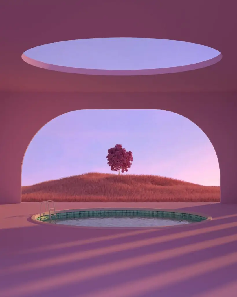 Futuristic pink-toned landscape featuring a circular pool and a solitary tree under an open skylight at sunset.