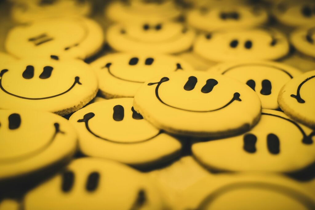 Close-up of cheerful smiley face cookies, perfect for happy occasions and celebrations.