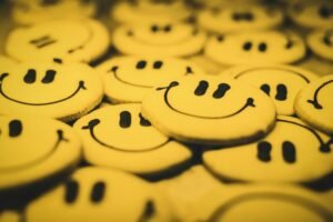 Close-up of cheerful smiley face cookies, perfect for happy occasions and celebrations.