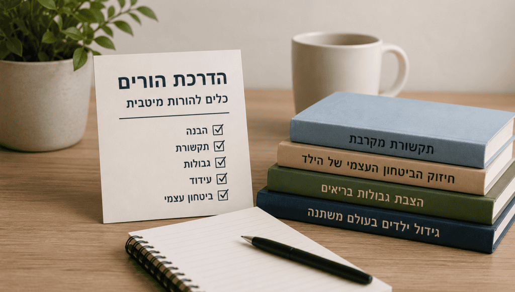 מתי כדאי לפנות להדרכת הורים? אילוסטרציה הממחישה קבלת כלים מעשיים לחיזוק התקשורת במשפחה, הצבת גבולות ויצירת אווירה רגועה בבית.