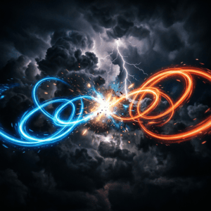 ויכוחים בין בני זוג: Blue and orange glowing energy streams twisting and colliding with sparks and lightning in dark stormy sky