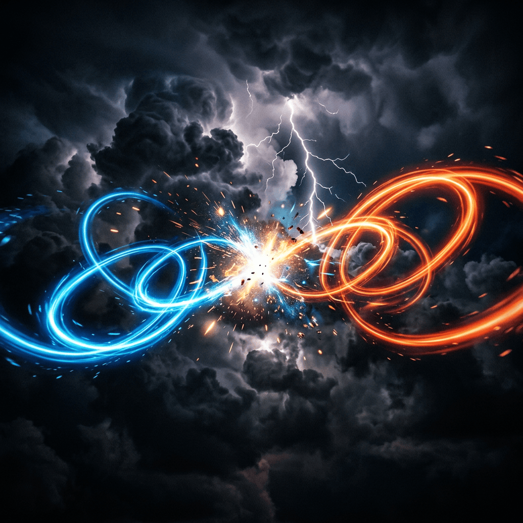 ויכוחים בין בני זוג: Blue and orange glowing energy streams twisting and colliding with sparks and lightning in dark stormy sky
