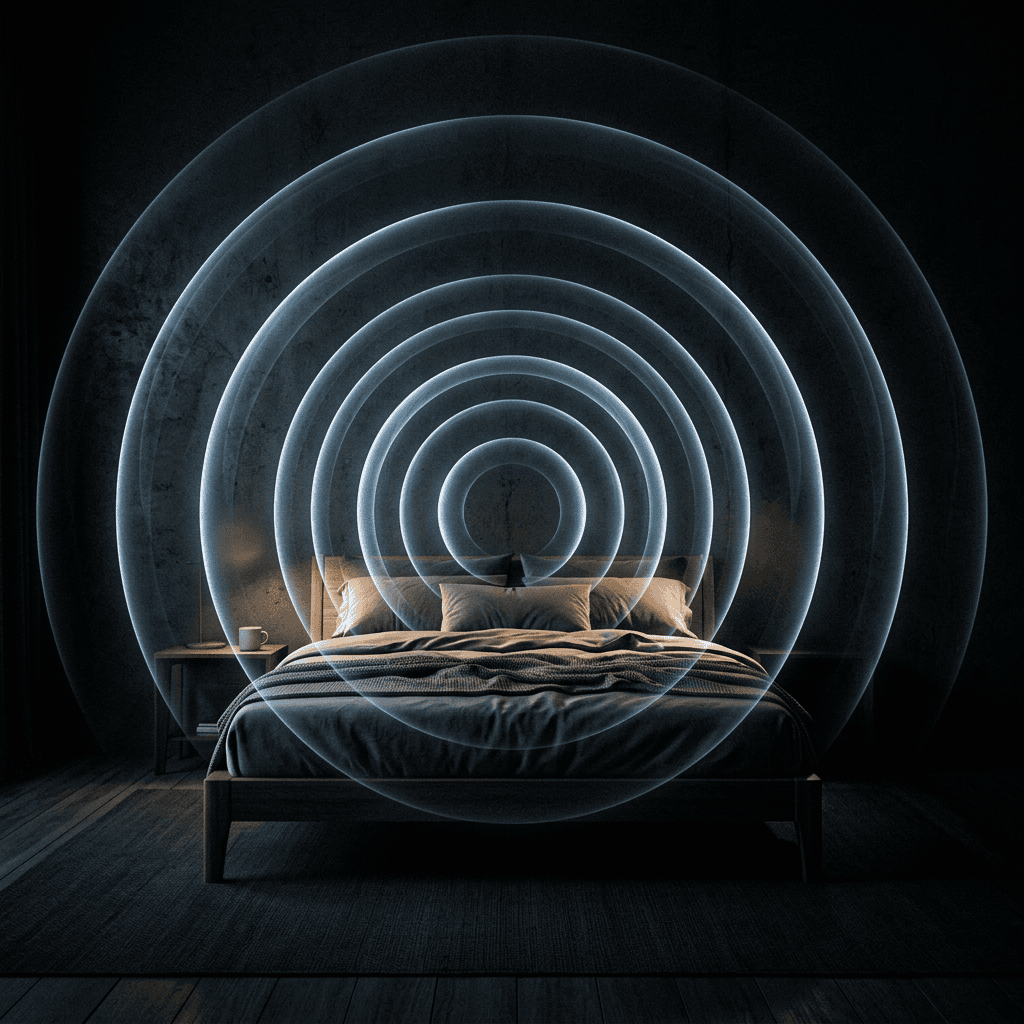 Bedroom bed with overlaid concentric circles representing sound waves