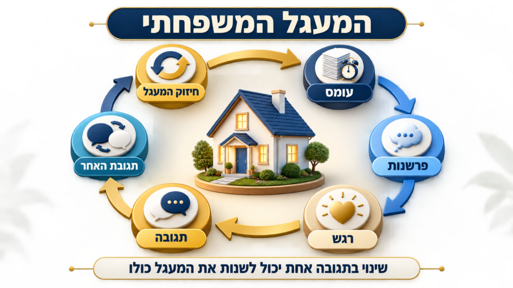 מצוקה רגשית במשפחה: המעגל המשפחתי – כיצד עומס, פרשנות, רגש ותגובות בני הבית משפיעים זה על זה.