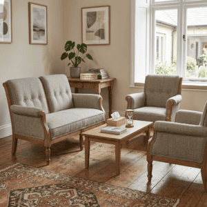 Beige upholstered loveseat with wooden arms in a bright living room